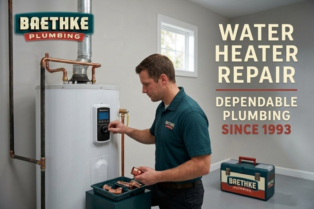 Water heater repair: Baethke Plumbing technician adjusting the controls on a tank water heater, with a Baethke toolbox and copper fittings nearby.