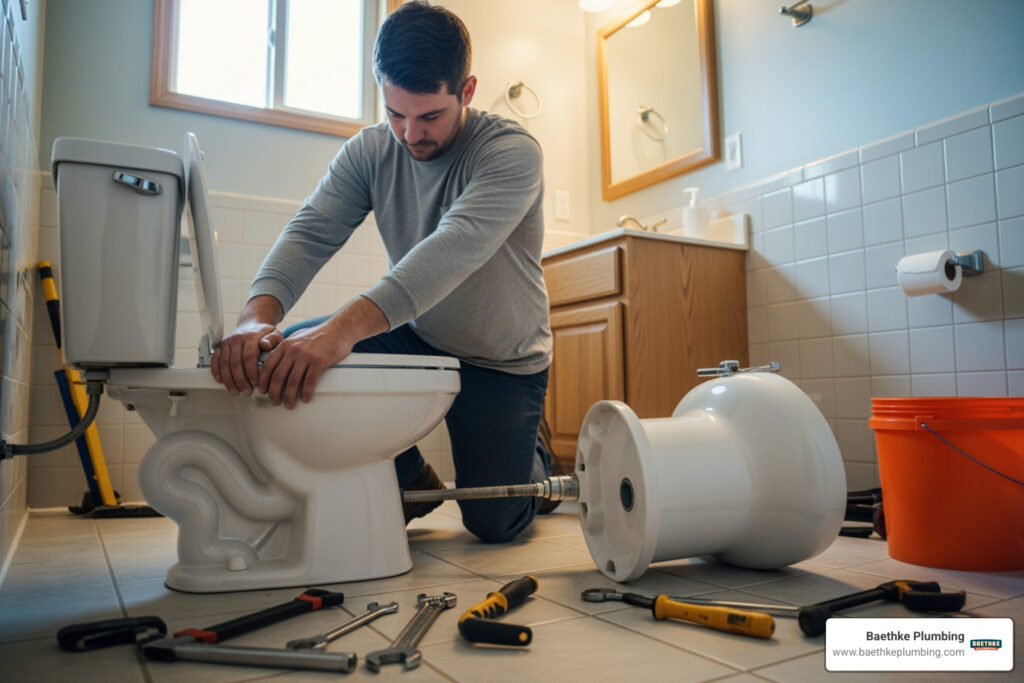 The technician replacing the old toilet