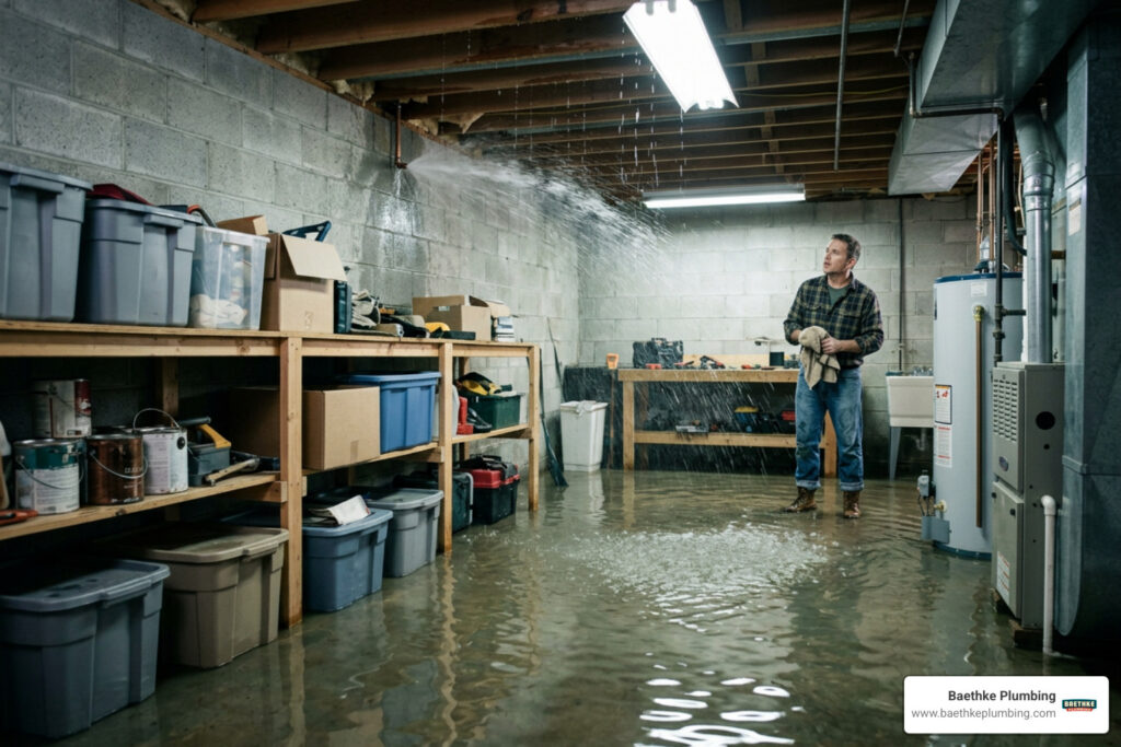 burst pipe water damage flooded basement emergency
