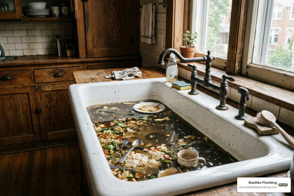 clogged kitchen sink in a Lakeview Chicago vintage building home