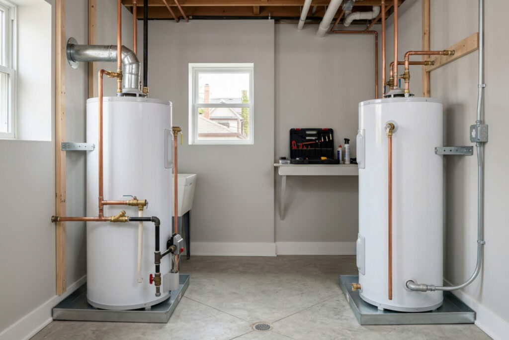 side-by-side gas and electric water heater installation in a modern Chicago utility room
