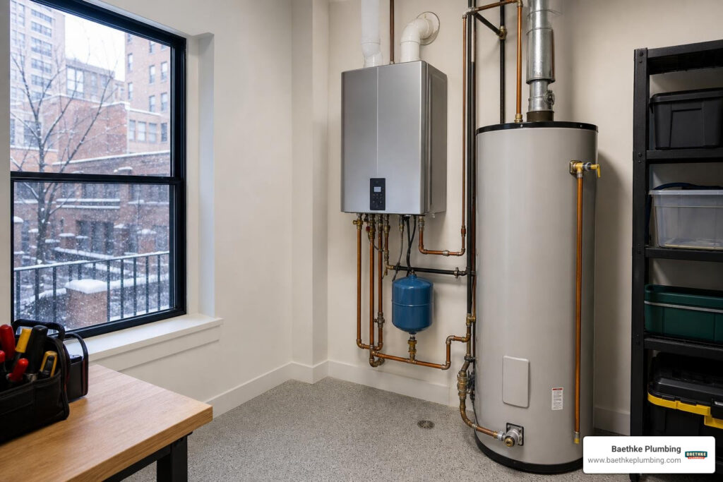 tankless vs tank water heater Lakeview Chicago home winter