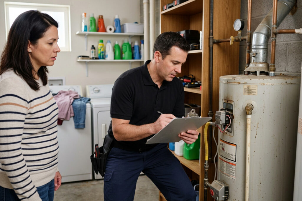 licensed plumber helping homeowner decide whether to repair or replace water heater