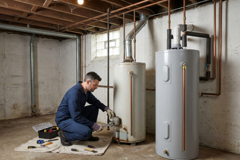 professional plumber inspecting older and energy-efficient water heaters in a Logan Square Chicago basement