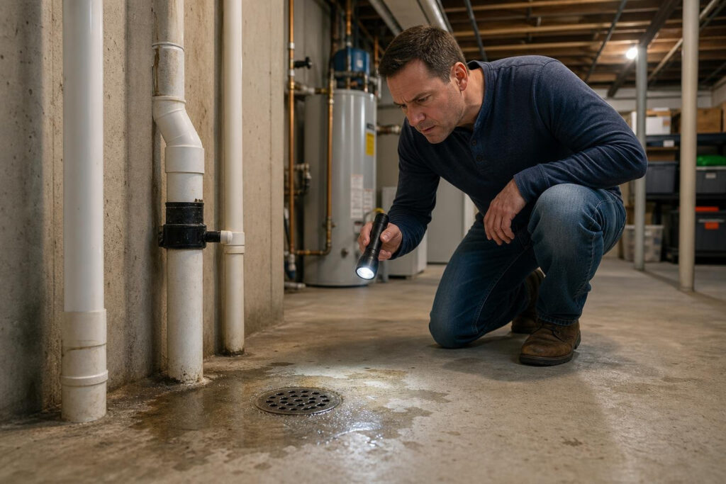 Homeowner checking a basement floor drain for early signs of a sewer line problem