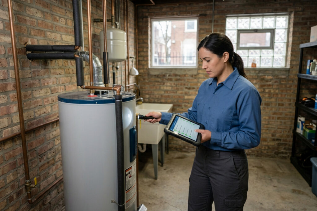 Baethke Plumbing technician using a diagnostic checklist while inspecting a water heater in an Uptown Chicago home