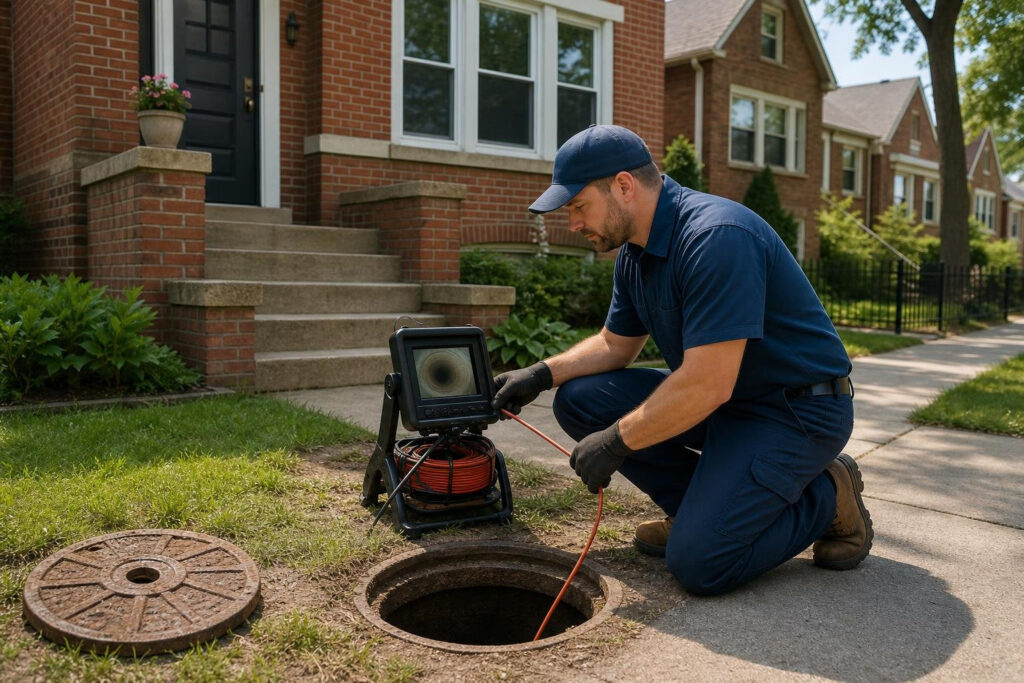 Sewer line repair in Avondale, Chicago outside a brick home