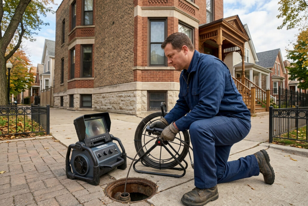 licensed plumber inspecting a sewer line at a Logan Square Chicago home