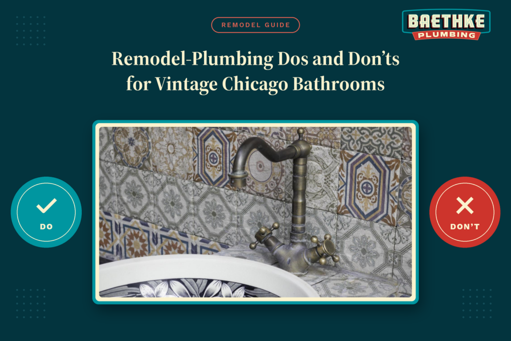 Remodel-plumbing dos and don’ts for vintage Chicago bathrooms: antique bronze faucet with cross handles over a patterned sink, set against vintage-style decorative tile.