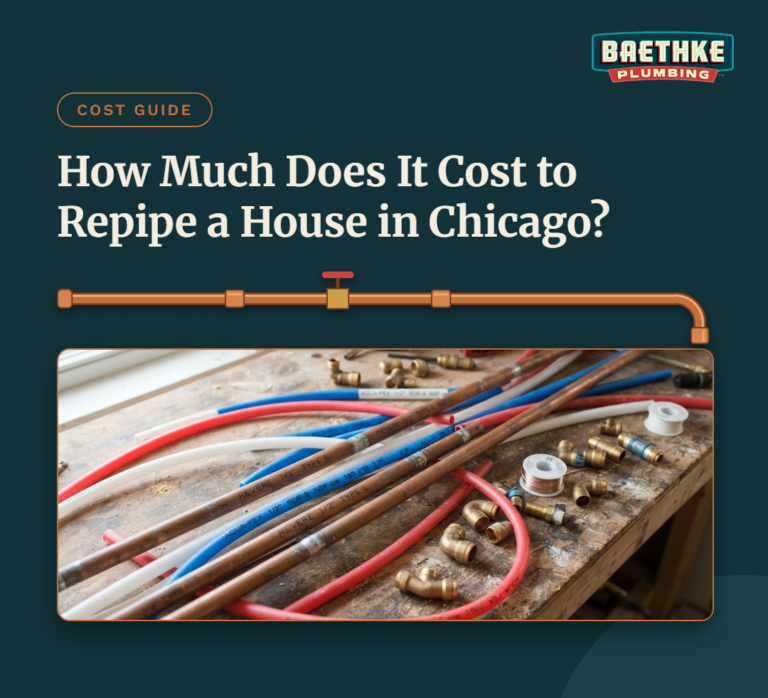 How much does it cost to repipe a house in Chicago? Copper pipes, PEX tubing, and brass fittings laid out on a plumber's workbench.