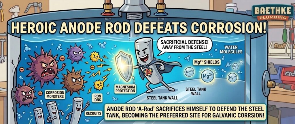 Cartoon water heater guide by Baethke Plumbing showing an anode rod superhero defending a steel tank from corrosion.