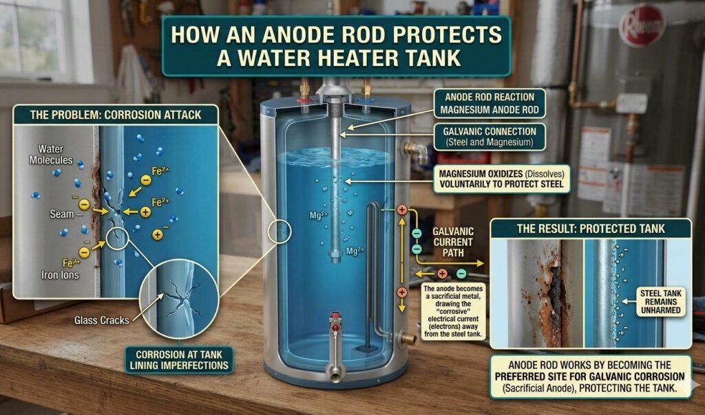 Water heater diagram showing how a sacrificial magnesium anode rod prevents tank corrosion and rusty hot water.