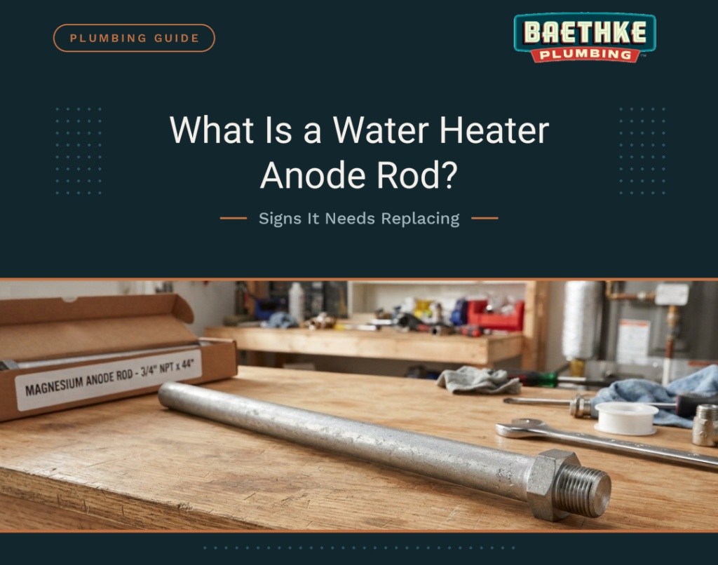 Water heater anode rod replacement guide banner by Baethke Plumbing showing a new magnesium anode rod on a workbench.