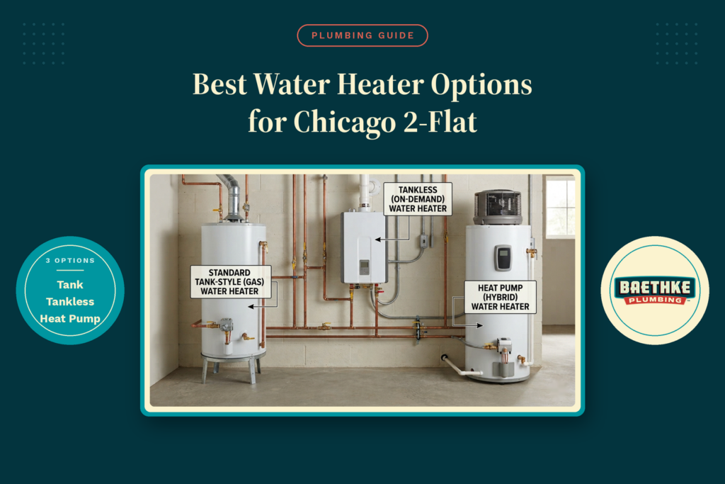 Best water heater options for a Chicago 2-flat: a standard tank-style gas water heater, a tankless on-demand water heater, and a heat pump hybrid water heater installed side by side in a basement.
