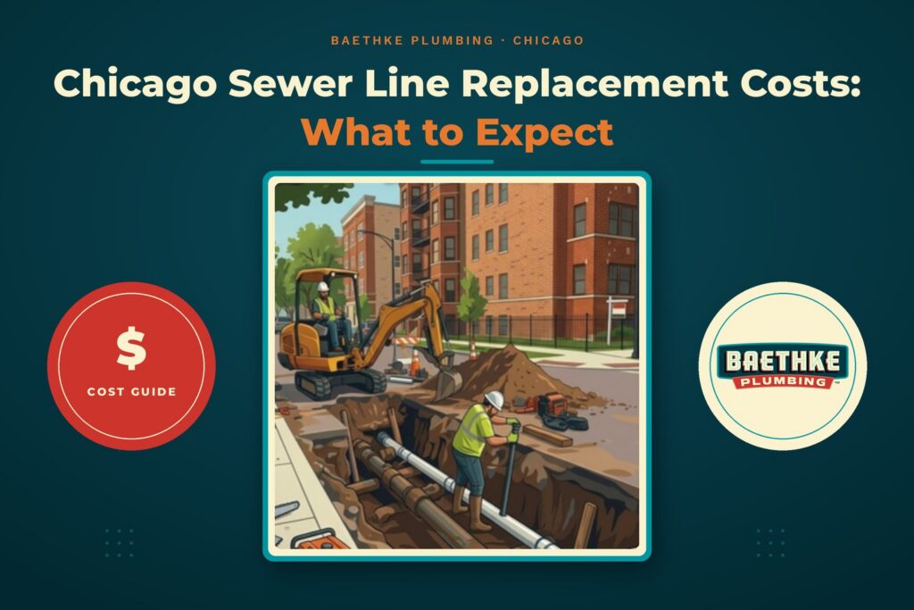 Chicago sewer line replacement: crew using a mini excavator to dig a trench and lay new pipe beside brick apartments.