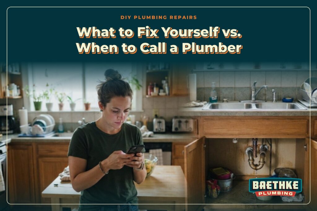 DIY plumbing repairs: homeowner checking her phone beside an open sink cabinet with a leaking drain and a bucket.