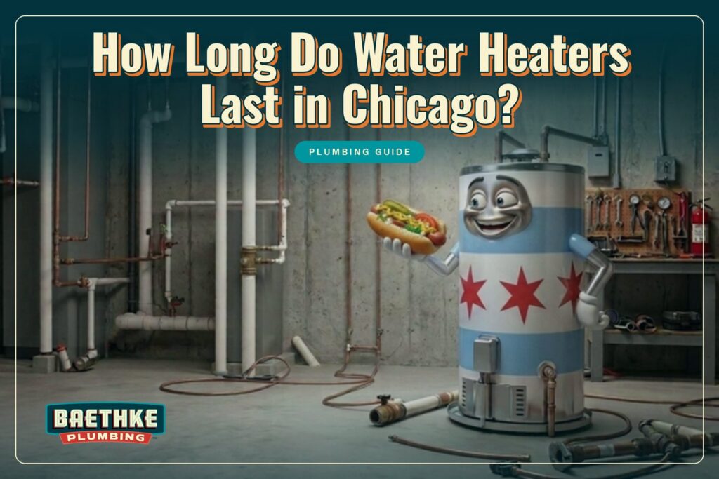 How long do water heaters last in Chicago? Cartoon water heater wearing the Chicago flag and holding a Chicago-style hot dog in a basement.