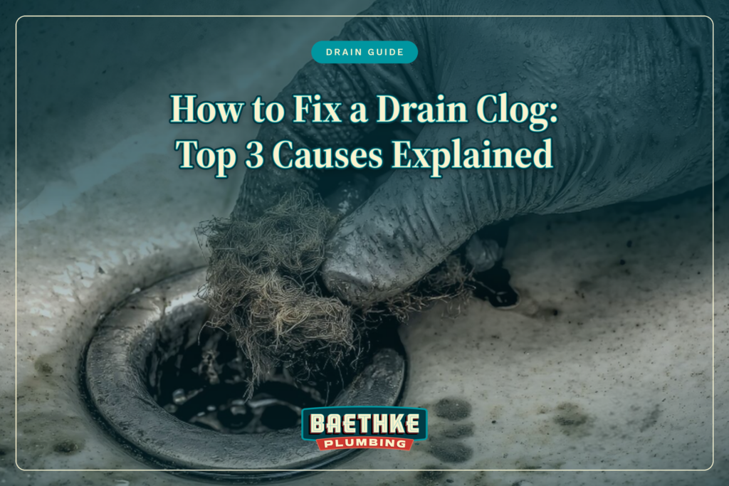 How to fix a drain clog: gloved hand pulling a clump of hair out of a dirty bathroom sink drain.