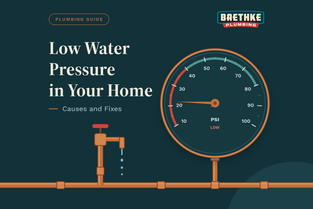 Low water pressure in your home: pressure gauge reading low PSI beside a faucet with only a weak drip.