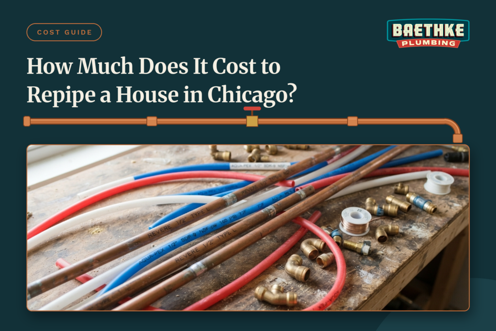 How much does it cost to repipe a house in Chicago? Copper pipes, PEX tubing, and brass fittings laid out on a plumber's workbench.