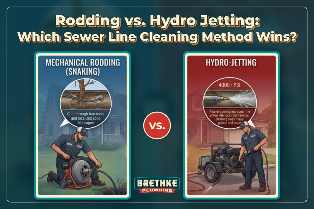 Rodding vs. hydro jetting: side-by-side illustration of a plumber using a mechanical drain snake to cut through tree roots and a plumber using a high-pressure hydro jetter to clean a sewer line.