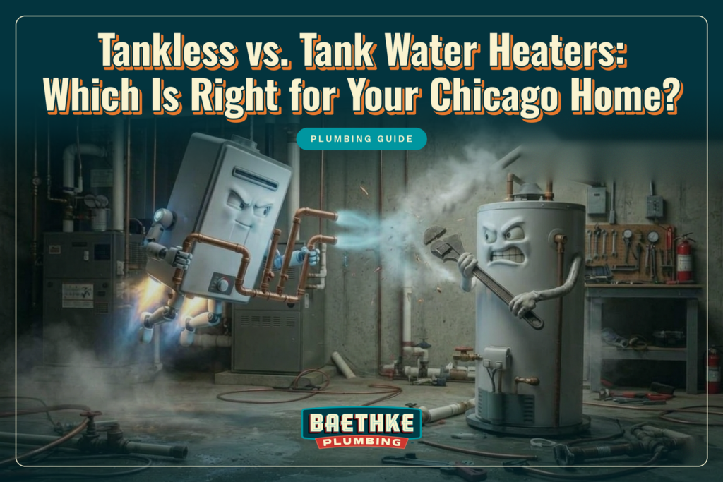 Tankless vs. tank water heaters: cartoon of a flying tankless water heater battling a standard tank water heater holding a wrench in a Chicago basement.