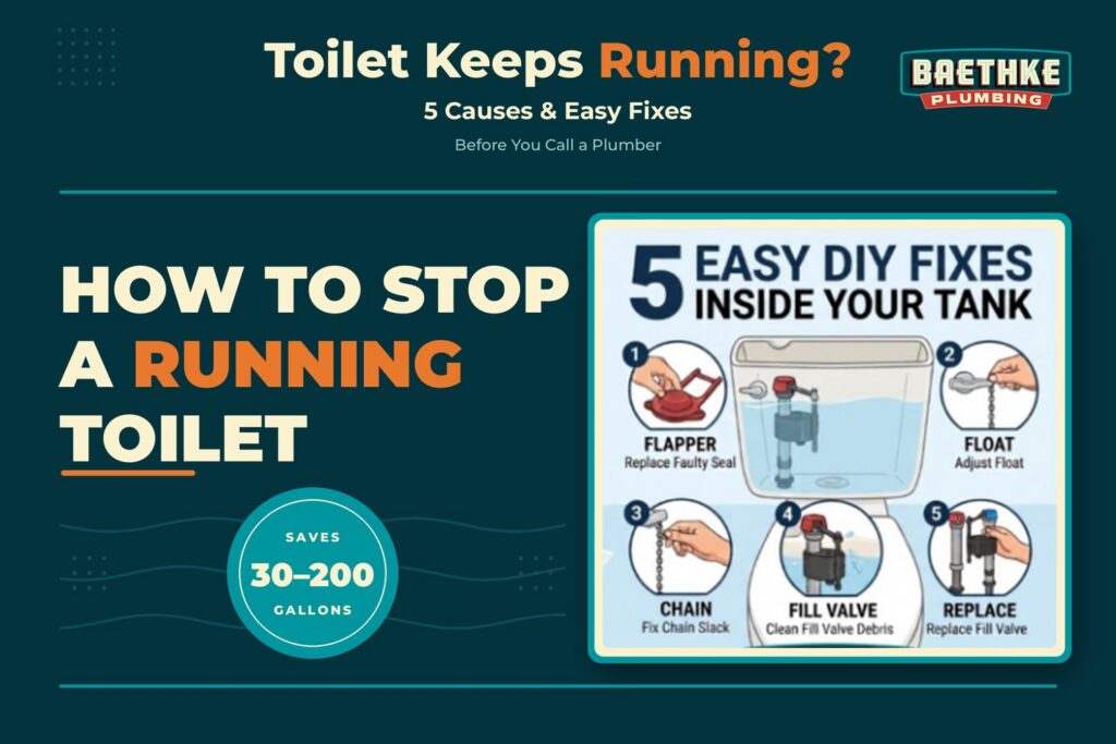Toilet keeps running? Illustrated guide to 5 easy DIY fixes inside the tank: replace the flapper, adjust the float, fix chain slack, clean the fill valve, and replace the fill valve.