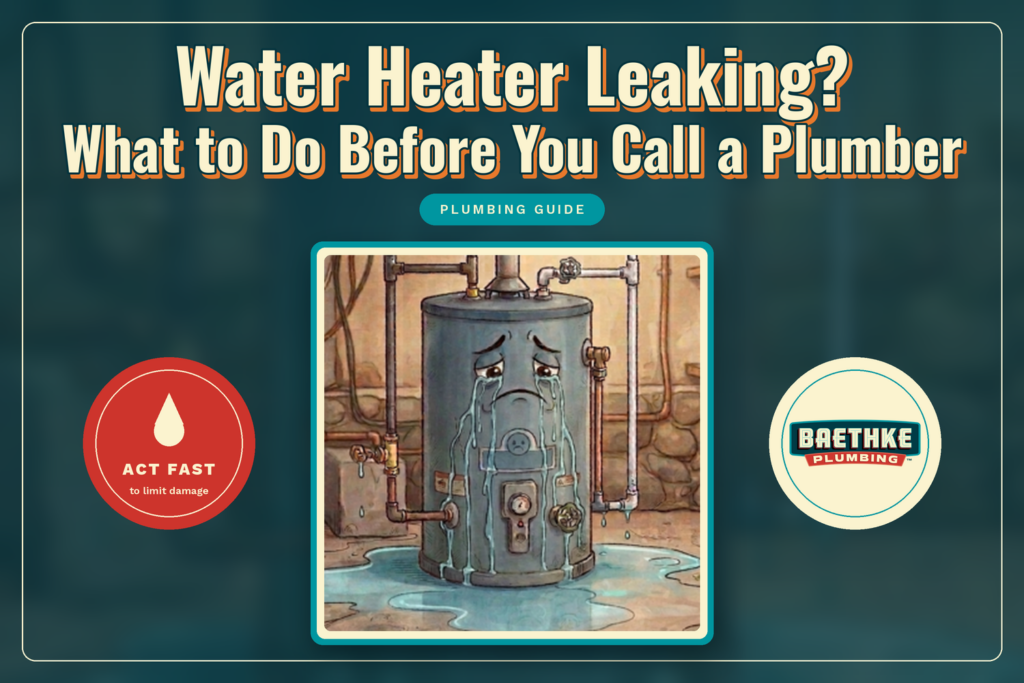 Water heater leaking? Cartoon of a sad, crying water heater standing in a puddle of water in a basement.