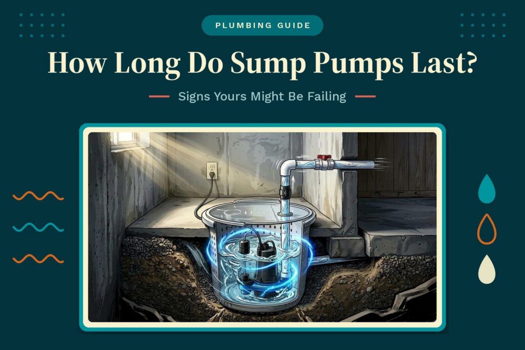 Sump pumps: how long they last and signs yours might be failing, shown with an illustration of a sump pump in a basement pit