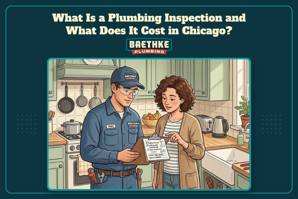 Plumbing inspection in Chicago: Baethke plumber reviewing an inspection checklist with a homeowner in her kitchen.