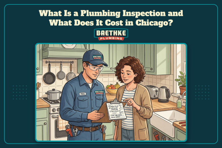 Plumbing inspection in Chicago: Baethke plumber reviewing an inspection checklist with a homeowner in her kitchen.
