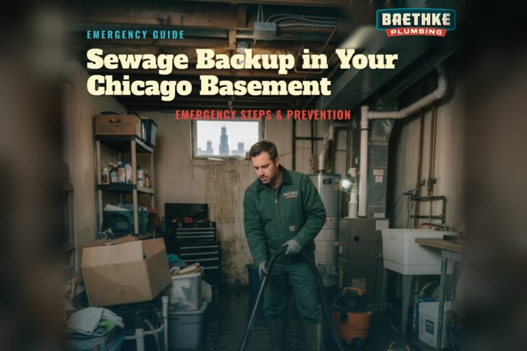 Sewage backup in a Chicago basement: plumber vacuuming standing water near a water heater and utility sink