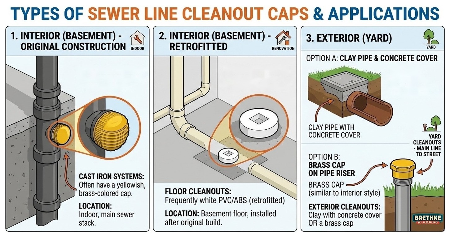 Sewer cleanout cap types: brass caps on cast iron basement stacks, white PVC floor caps in retrofits, and caps in the yard