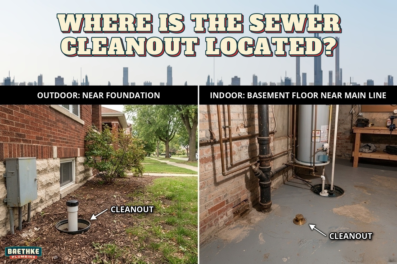 Sewer cleanout locations: outdoor PVC cleanout near a brick home's foundation and a brass cap in a basement floor