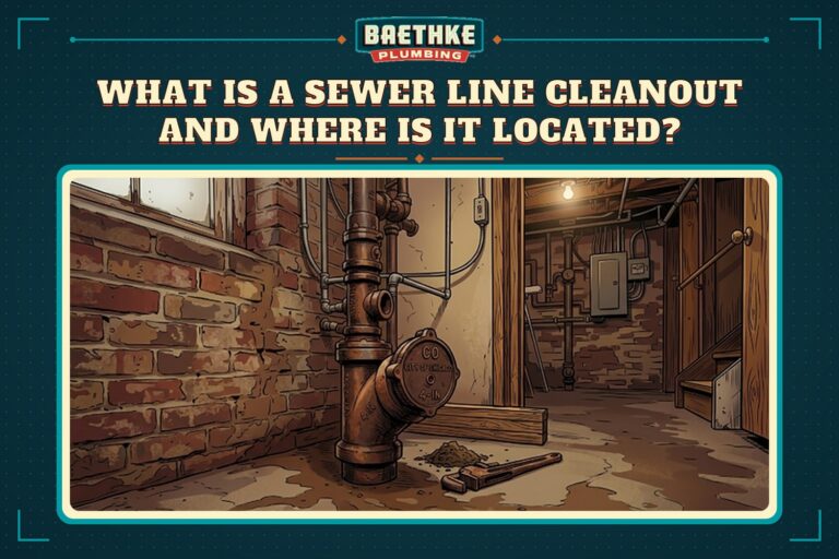 Sewer line cleanout: a capped cleanout fitting on a cast iron main sewer stack in an older brick basement