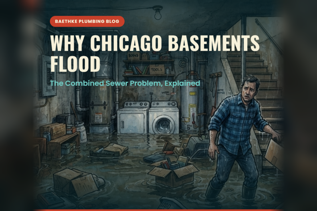 Why Chicago basements flood: homeowner wading through a flooded basement after a combined sewer backup.